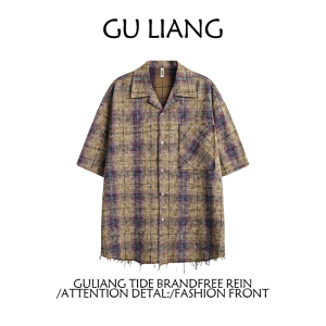 GU LIANG「设计师品牌」/男女同款/小众扎染做旧格子百搭短袖衬衫