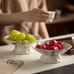 中式可沥水果盘高脚盘陶瓷甜品盘点心茶点盘干果水果碟子家用果盆