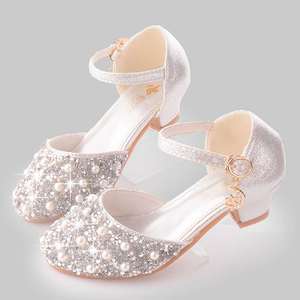 女童鞋儿童高跟公主鞋粉色女孩水晶鞋新款闪白色珍珠有跟晚礼服鞋
