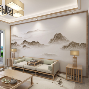 新中式电视背景墙壁布大气水墨山水墙布客厅沙发壁纸影视墙纸壁画