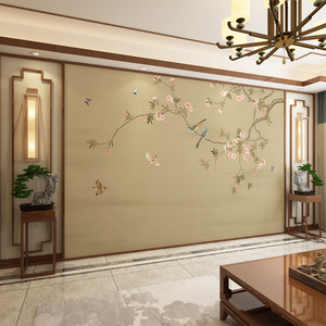 新中式工笔花鸟电视背景墙油画手绘壁纸墙纸卧室墙布定制壁画壁布