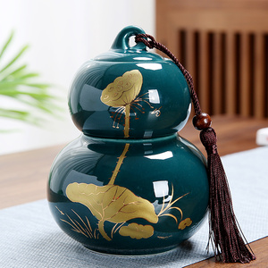 日本进口无印良品福禄陶瓷葫芦茶叶罐摆件小号家用大密封罐普洱红