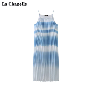 拉夏贝尔/La Chapelle蓝色渐变褶皱吊带裙复古宽松腰无袖连衣裙夏