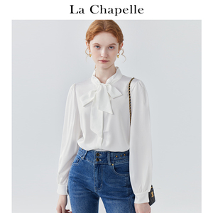 拉夏贝尔/La Chapelle法式缎面蝴蝶结系带白色衬衫女春季长袖衬衣