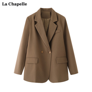 拉夏贝尔/La Chapelle复古纯色翻驳领黑色西装外套女小个子小西服
