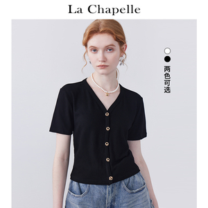 拉夏贝尔/La Chapelle设计感V领针织短袖女黑色修身正肩显瘦上衣