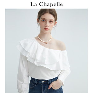 拉夏贝尔/La Chapelle设计感斜领荷叶边长袖衬衫女白色小衫上衣