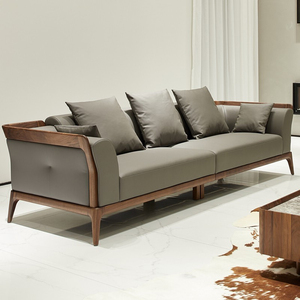 新中式沙发组合黑胡桃木真皮沙发实木轻奢客厅现代简约别墅小户型
