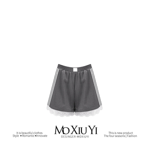 MoXiu蕾丝拼接花边短裤 美式小众褶皱设计居家简约休闲阔腿运动裤