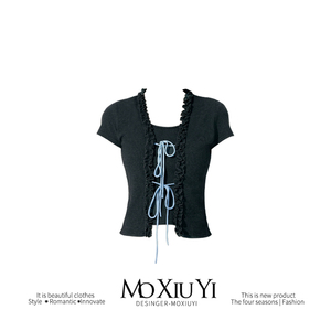 MoXiuYi STUDIO 夏日新品木耳褶皱花边蓝色织带拼接假两件短袖TEE