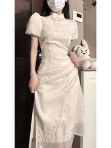 女装新中式国风改良版旗袍年轻款气质长裙晚礼服白色连衣裙女夏装