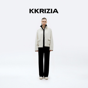 K KRIZIA2023秋季新品高领短款廓形双面昵羊毛外套