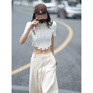 Luna7xi 设计感白色圆领短袖针织衫女夏季2024年独特别致短款上衣