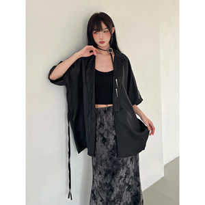 FG721山本风衬衫女日系中性绑带设计感小众衬衣宽松黑色短袖上衣