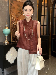 新中式国风复古红色衬衫女2024夏季新款高级感时尚百搭无袖上衣女