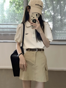 韩版简约白色polo领短袖T恤女夏季新款美式学院风泡泡袖休闲上衣
