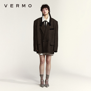 VERMO “怀旧” 男女同款 复古灯芯绒拼接全羊毛呢料垫肩西装外套