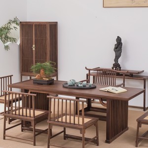 新中式黑胡桃木茶桌椅组合老榆木功夫茶台桌实木仿古禅意茶室家具