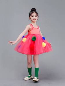 六一儿童演出服蓬蓬纱裙幼儿园红色表演服彩球可爱少儿舞蹈服装女