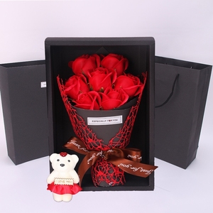 520情人节礼物送女友老婆仿真花7朵玫瑰香皂花束礼盒小熊花创意