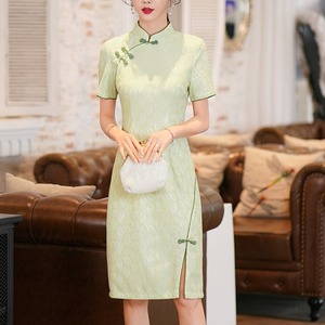 绿色旗袍改良年轻款少女高端气质夏季日常小清新连衣裙短款小个子