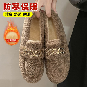 棉鞋女冬加绒老北京布鞋一脚蹬毛毛鞋软底保暖冬款时尚女式豆豆鞋
