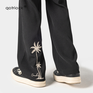 QOTRIOCK国潮美式椰子树刺绣西裤男夏季新款潮牌宽松垂感直筒长裤