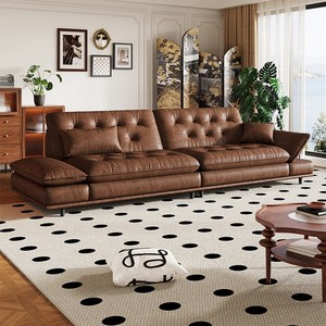 2024新款中古风油蜡皮沙发法式复古扶手可调节直排小户型真皮沙发