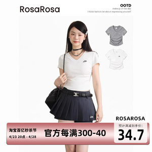 RosaRosa 白色V领短袖2024夏季薄款修身显瘦收腰设计正肩T恤女