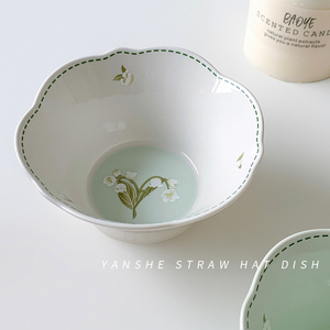 俨舍法式米色绿色陶瓷餐具5寸铃兰花特别好看的米饭碗高颜值家用