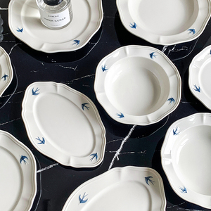 日式ins耐高温复古手绘燕子浮雕碗碟陶瓷餐具家用一人食碗盘套装
