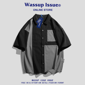 WASSUP ISSUE日系短袖衬衫男款纯棉宽松休闲潮牌拼接衬衣外套男寸