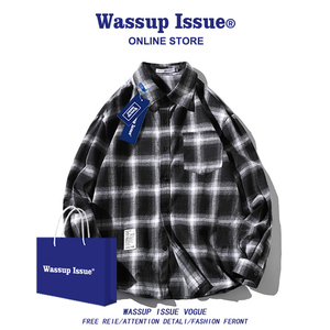 WASSUP ISSUE春秋季男士长袖衬衫潮牌黑白格子衬衣休闲痞帅外套男