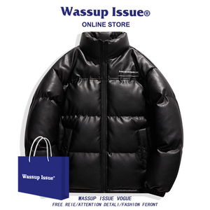 WASSUP ISSUE美式PU皮羽绒棉服男士冬季潮牌加厚保暖棉袄面包服男