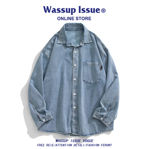 WASSUP ISSUE日系复古做旧长袖牛仔衬衫男潮牌宽松休闲情侣薄外套