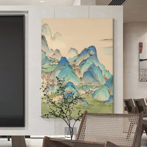 新中式手绘油画玄关千里江山图只此青绿山水装饰画客厅挂画中国风