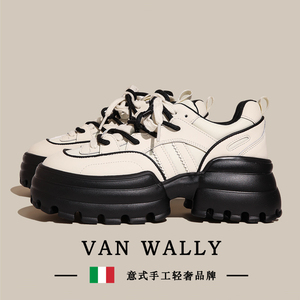 VAN WALLY白色加绒高跟女鞋新款真皮厚底老爹鞋圆头增高小白鞋潮