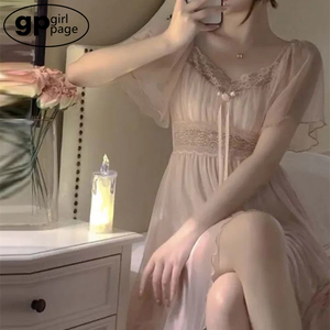 日本GP宫廷风睡衣女夏季粉色网纱棉带胸垫中款睡裙短袖性感家居服