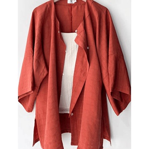 设计感大红色格纹天丝亚麻五分袖中长款衬衫女宽松棉麻罩衫上衣夏