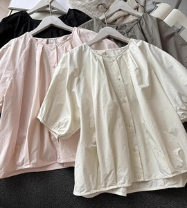 纯棉灯笼袖衬衫女式夏季新款宽松大码显瘦圆领简约小众设计感上衣