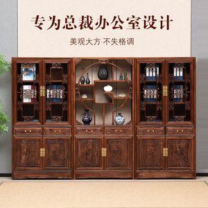 全实木书柜书房书橱带门新中式定制书架客厅家用格子柜书画桌一体
