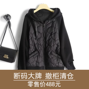 一线品牌剪标外贸女韩版拼接连帽薄款棉服外套拉链开衫黑色棉袄冬