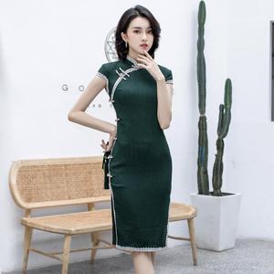 2024年新款老上海旗袍改良年轻款气质法式复古绿色小个子连衣裙夏