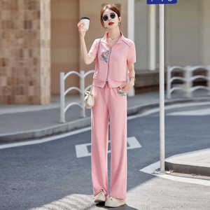 粉色休闲运动套装女2024夏天新款时尚洋气刺绣高端跑步服两件套裤