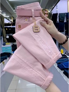 粉红色高腰哈伦牛仔裤女2024年女士新款小个子宽松显瘦九分老爹裤