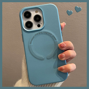 奢华皮革皮质磁吸天蓝色适用于iphone14promax手机壳新款苹果13小羊皮12无线磁吸充电15肤感皮纹13pro男女款