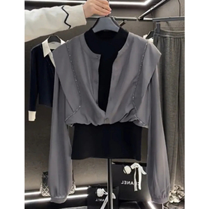 春秋韩版设计感拼接复古气质假两件长袖衬衫女百搭时尚显瘦上衣潮