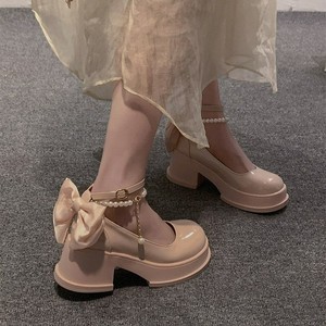 鞋子女2024新款爆款粉色蝴蝶结粗跟高跟鞋法式厚底玛丽珍小皮鞋女