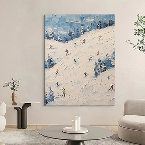 雪山风景纯手绘肌理油画现代简约滑雪客厅装饰画抽象雪景玄关挂画