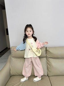 女童春款套装24新款韩版可爱撞色插肩袖卫衣宝宝运动裤春装两件套